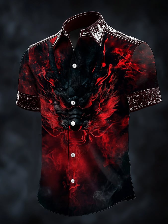 Camisa casual Dark Viking Dragon estampado satén para hombre
