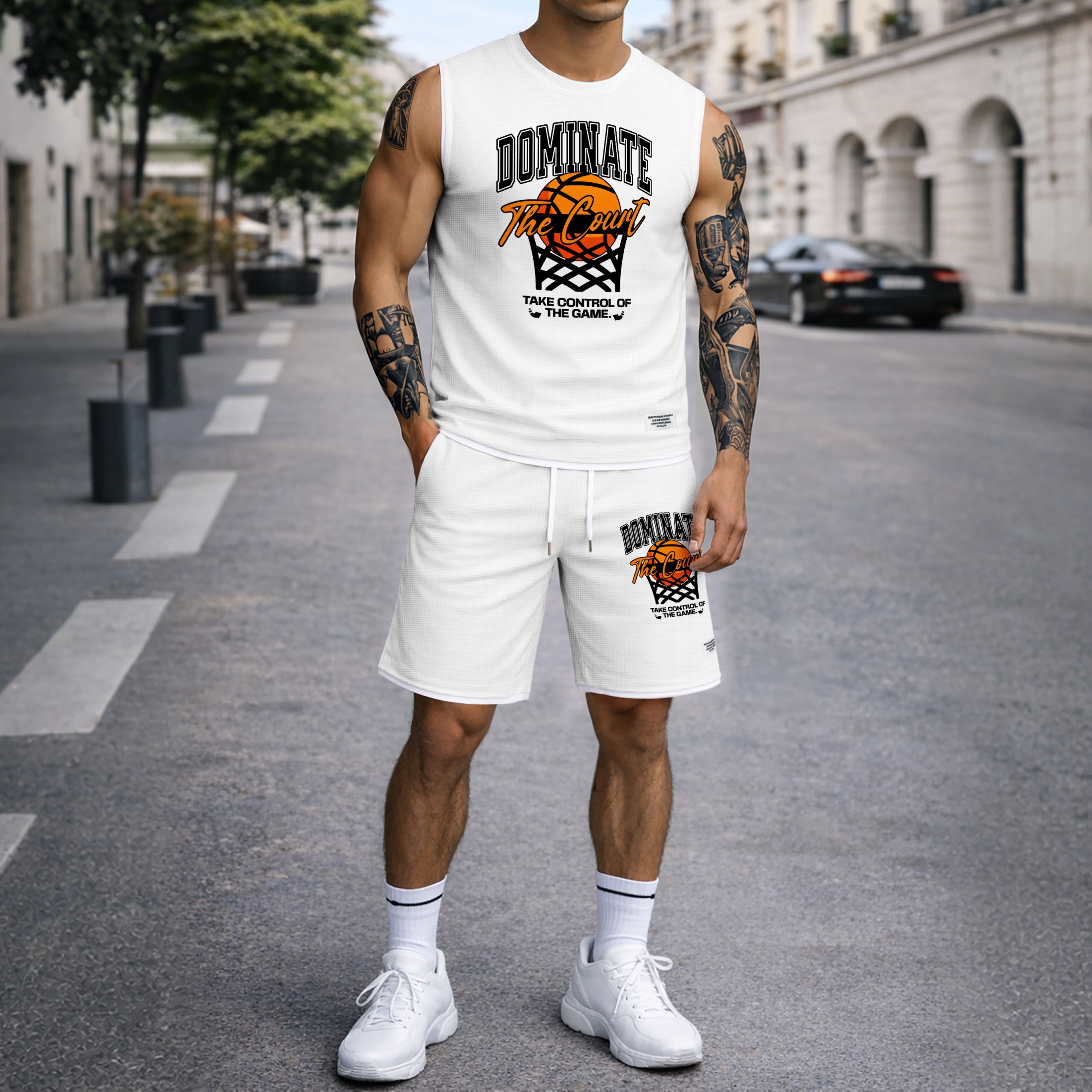 Shorts Basketball Graphic estampado Summer Set Sleeveless Tank Top & Matching Outfit, “Dominate The Court” Letter estampado with Hoop & Ball Design, Lightweight casual Streetwear Athletic Set for Everyday & para trabajoout para hombre