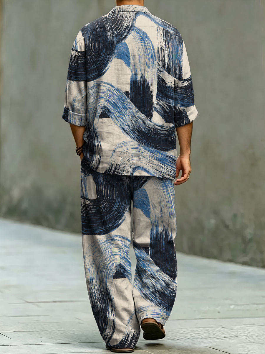 Pantalón Elegant Sophisticated And casual Dry-brush Style Decorative Patterns. de manga larga de algodón de lino Top And Set
