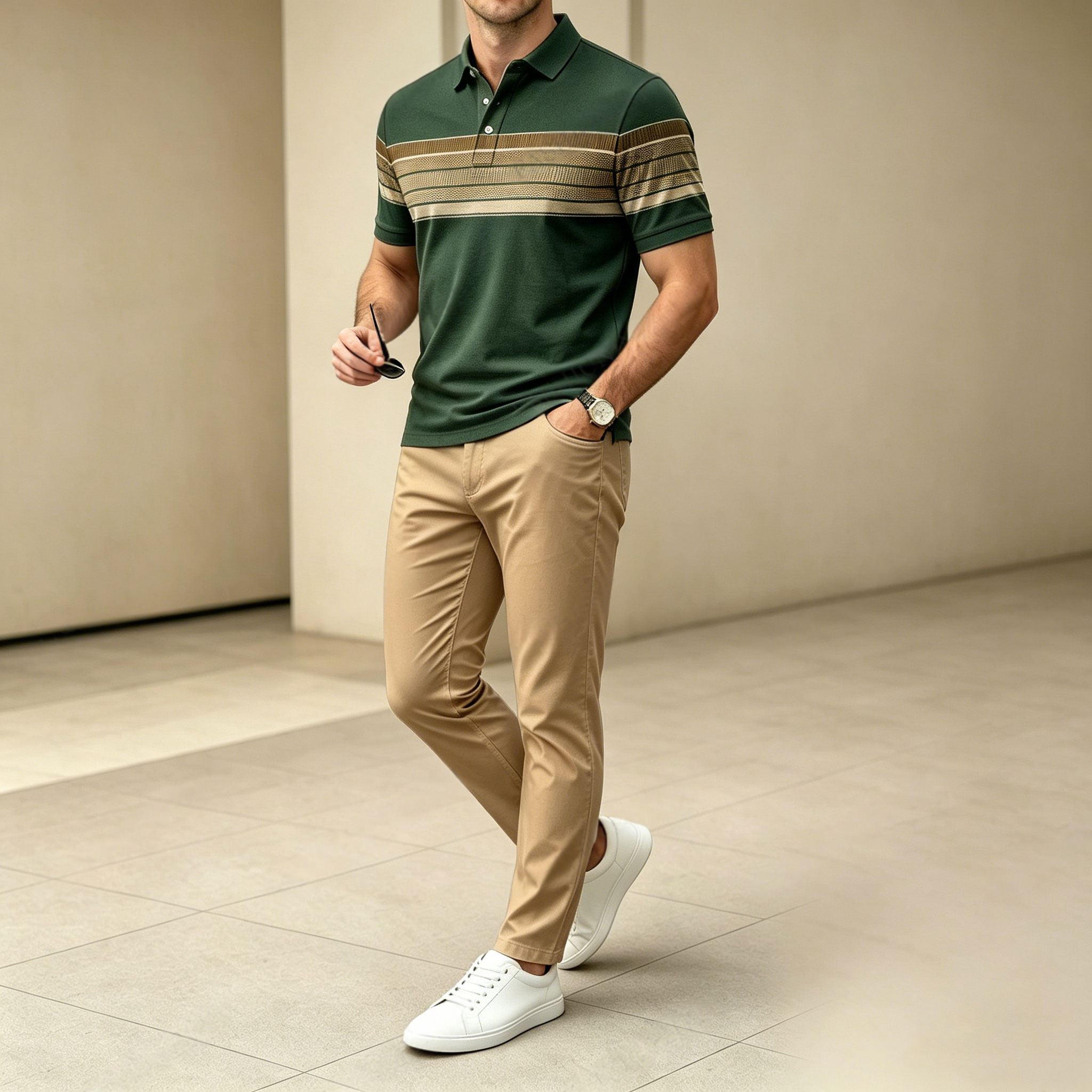 Conjunto de dos piezas casual Dark Green rayas estampado camisa polo And pantalón para hombre