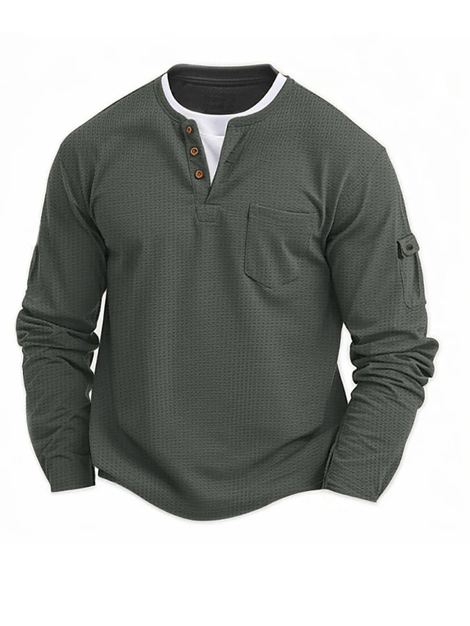 Vintage Basic Waffle de manga larga Henley para hombre