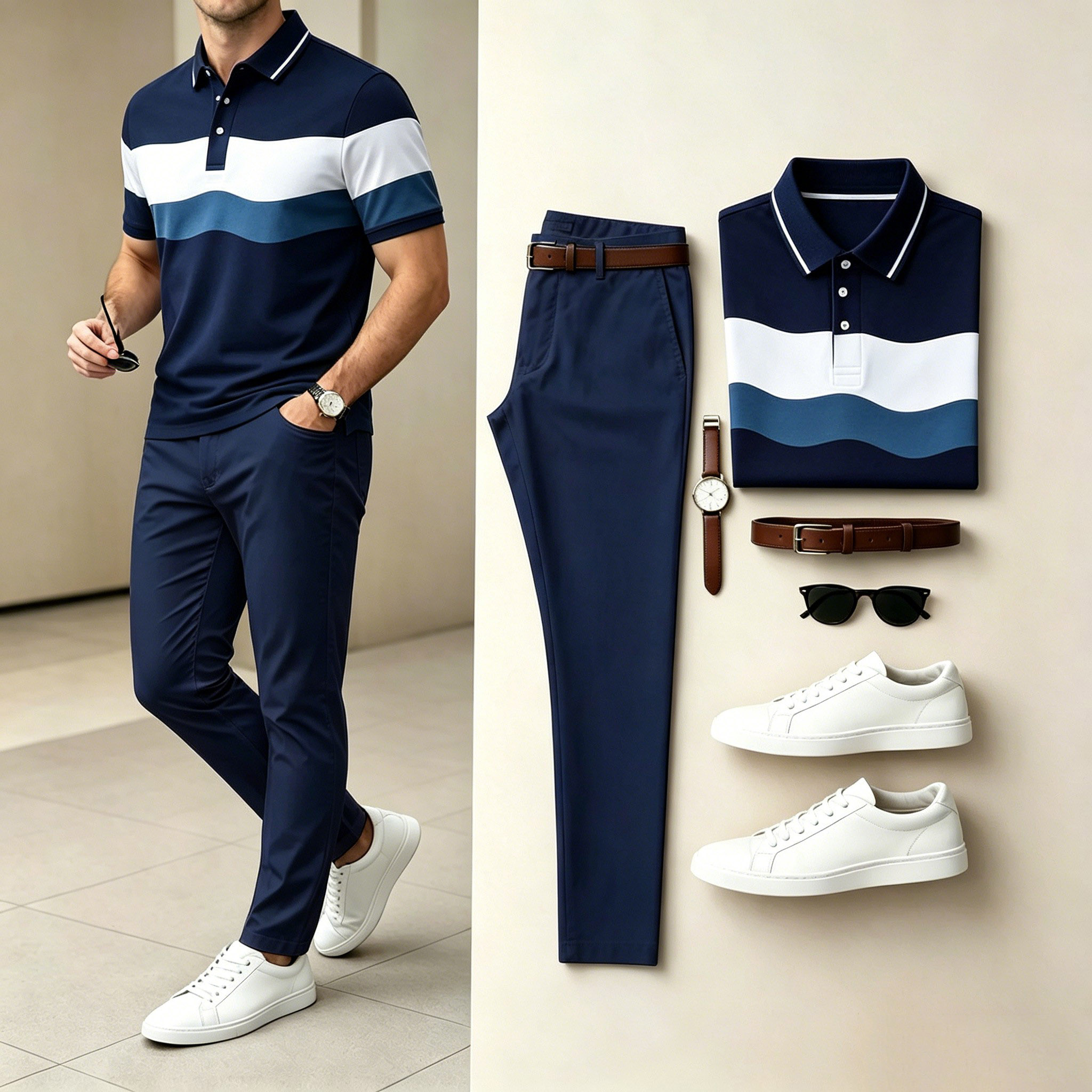 Conjunto de dos piezas casual Navy en bloques de color rayas camisa polo & Long pantalón para hombre
