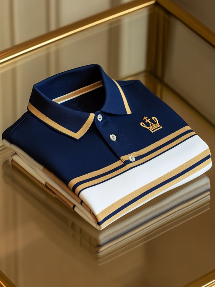 Camisa polo ejecutivo casual a rayas Crown Button de manga corta para hombre