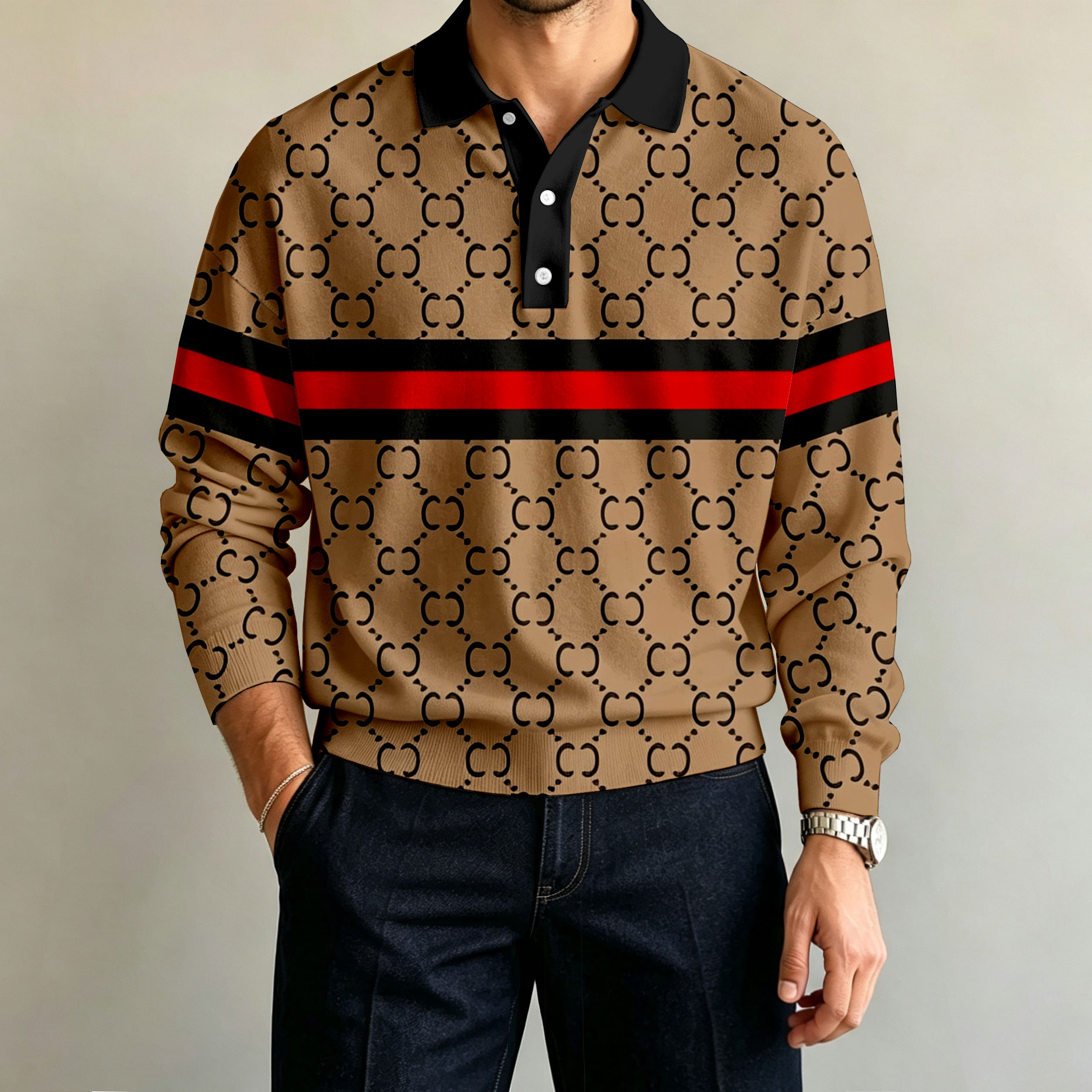para hombre Brown estampado de manga larga camisa polo