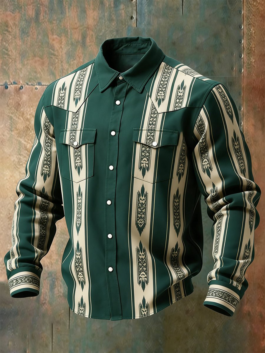 Camisa vintage a rayas Western de manga larga para hombre