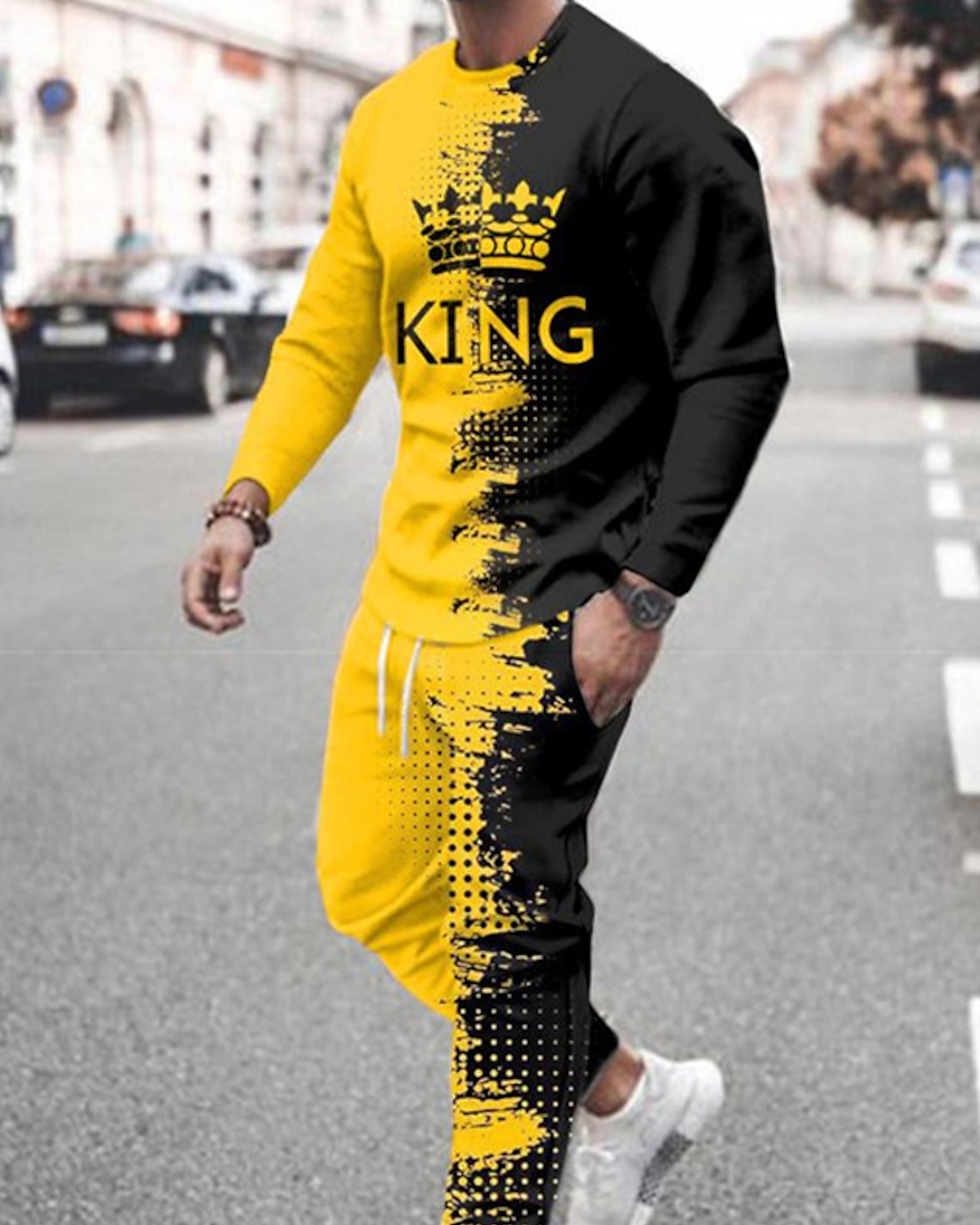 Casual color matching estampado de manga larga sports set 036 para hombre