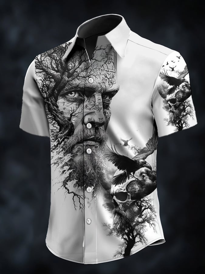 Camisa casual vintage Viking portrait satén para hombre