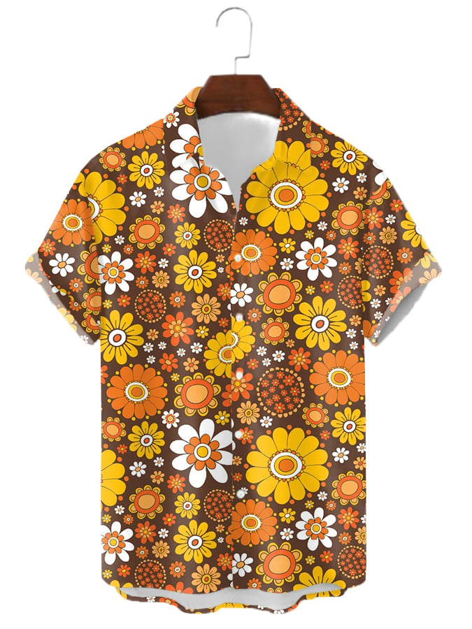 Camisa vintage floral estampado Lapel de manga corta para hombre