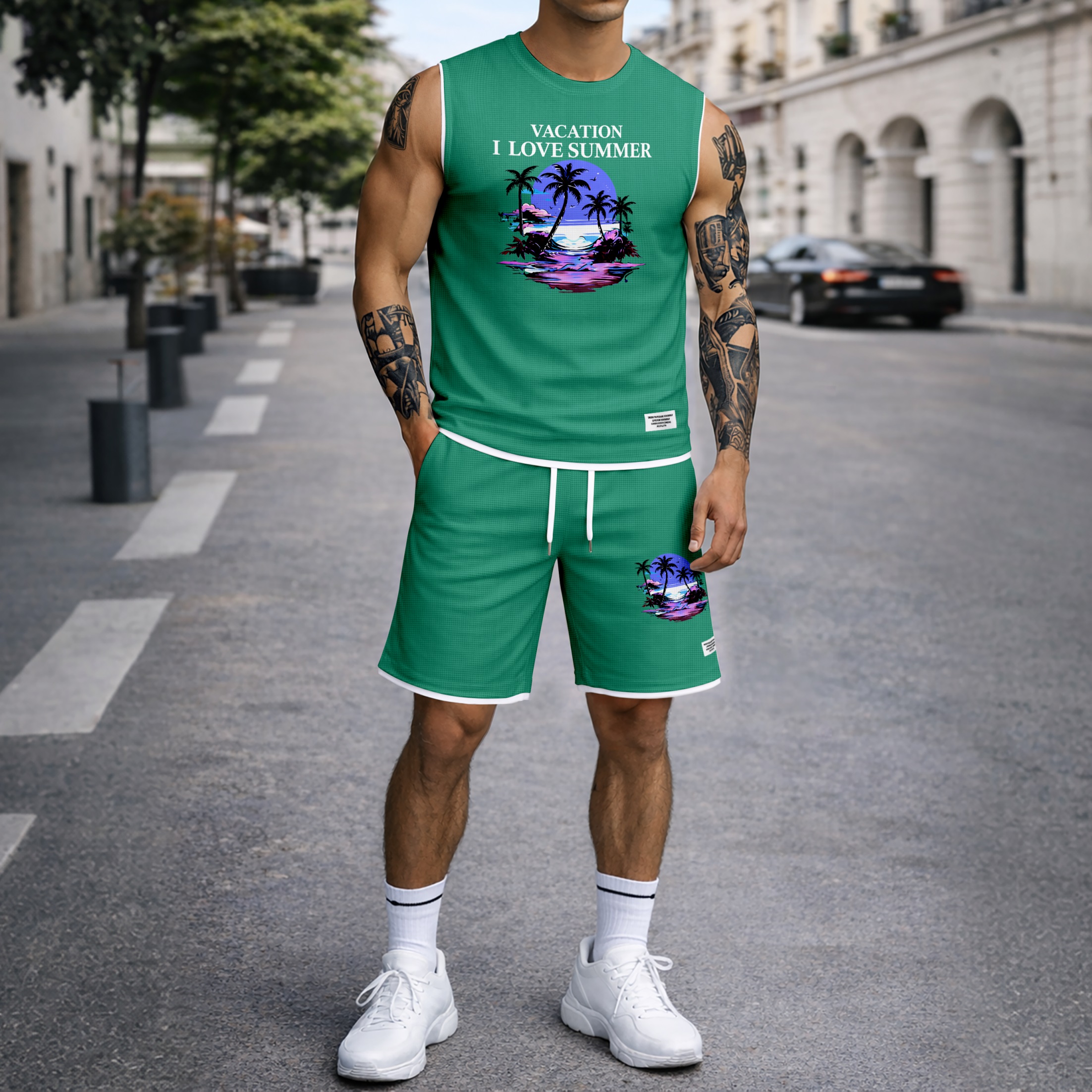 Shorts Tropical Beach Graphic estampado Summer Set Sleeveless Tank Top & Matching Outfit, Vacation Island estampado Lightweight casual Streetwear Set for Everyday & Holiday para hombre