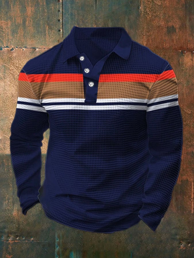 Camisa polo vintage casual Waffle de manga larga para hombre