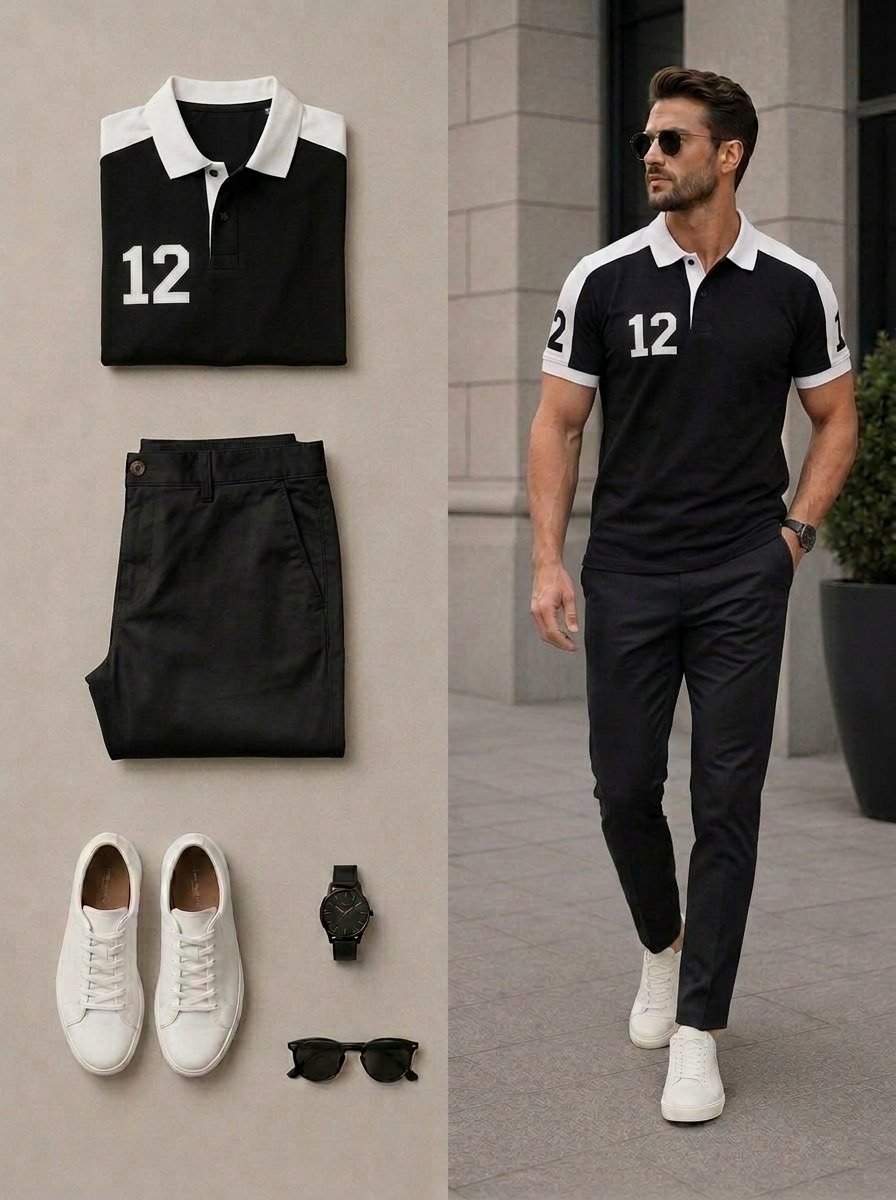 Conjunto de dos piezas casual Black & White Color Matching de manga cortas camisa polo & pantalón para hombre