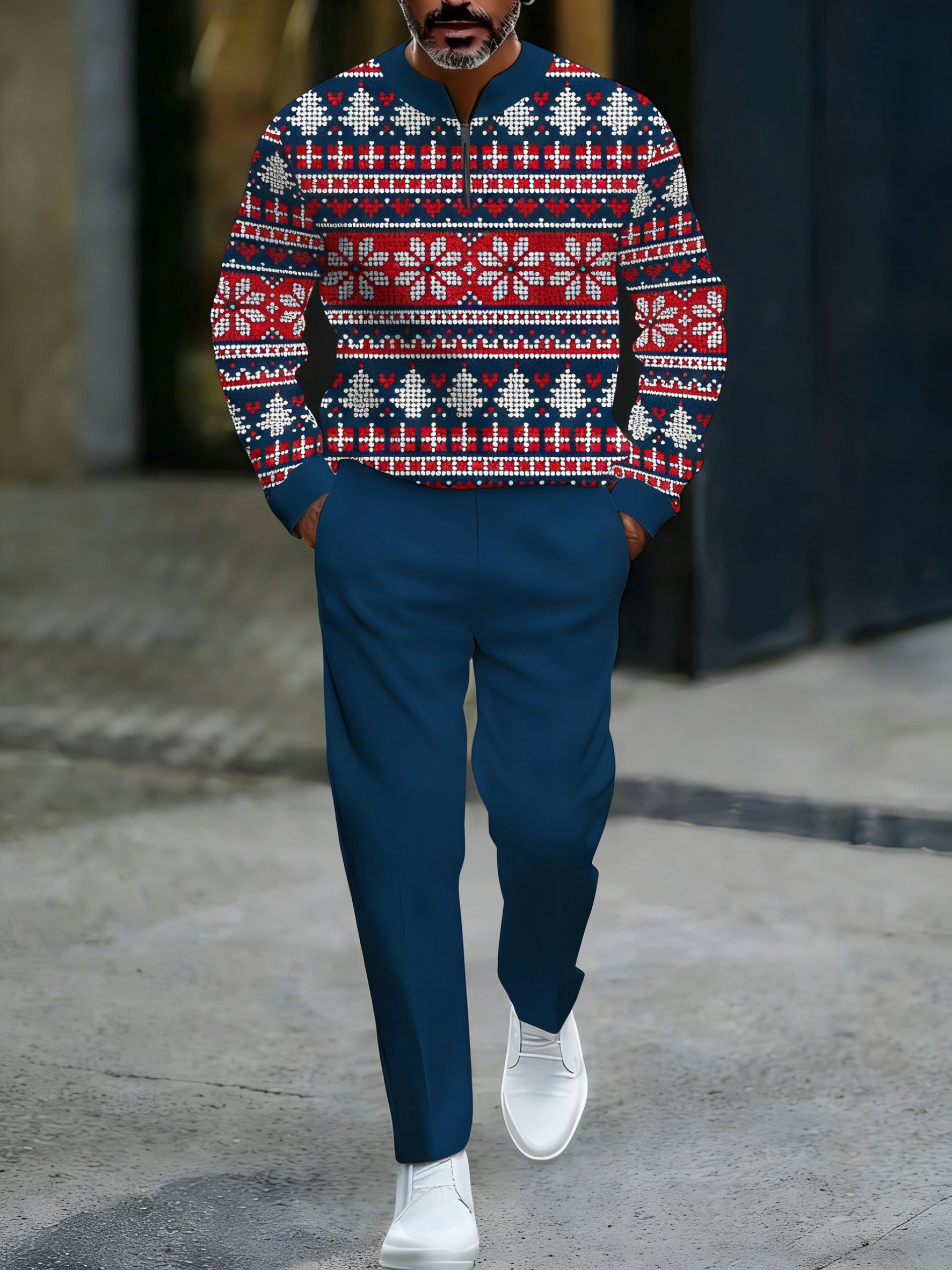 Conjunto de dos piezas casual Navy & Red Color Matching Christmas estampado Round-Neck Zipper de manga larga sudadera & Trousers para hombre