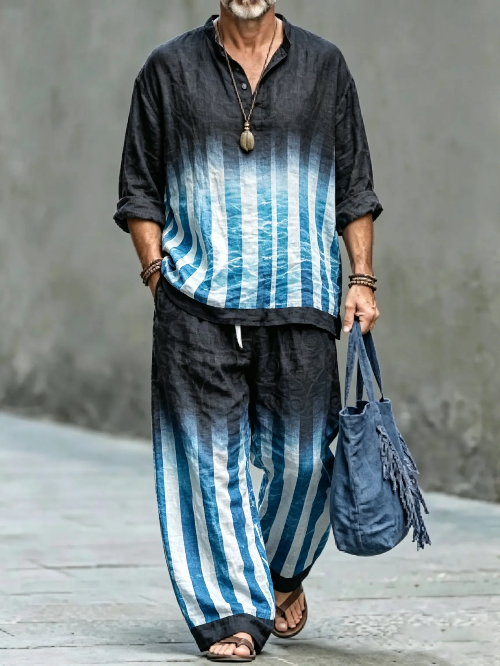 para hombre vintage Abstract Art estampado de algodón camisa Set (Top & pantalón)