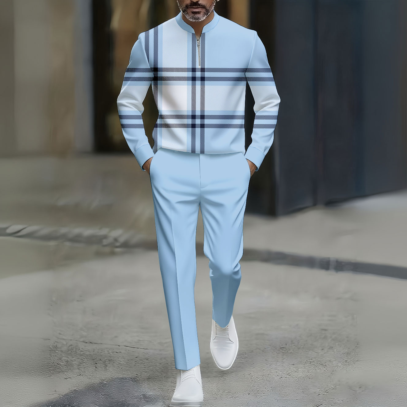 Conjunto de dos piezas casual Bule Color Matching Checked estampado Round-Neck Zipper de manga larga Trousers para hombre
