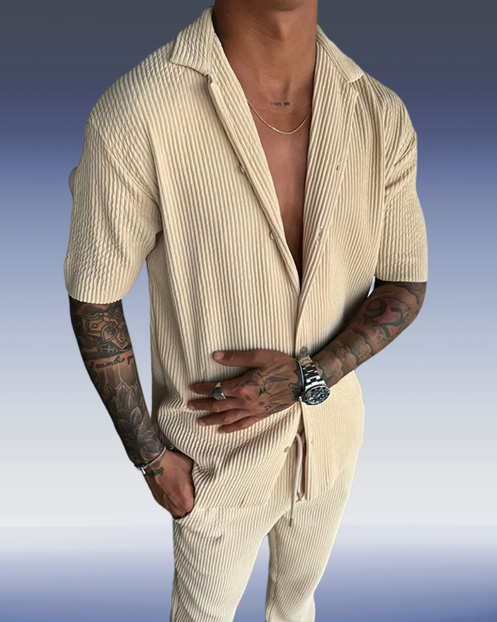 Conjunto de dos piezas Khaki Textured de manga corta camisa casual para hombre