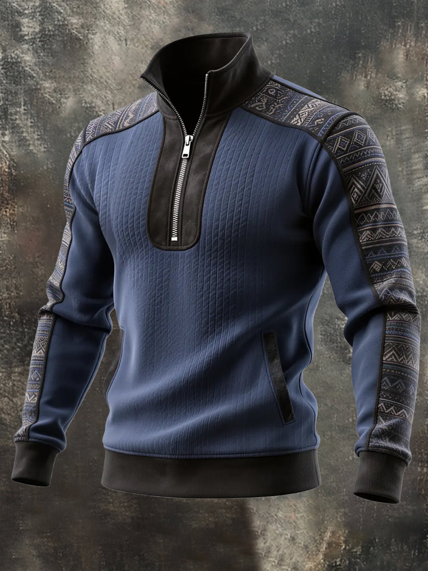 Sudadera vintage Style Color-Block Half-Zip de manga larga para hombre