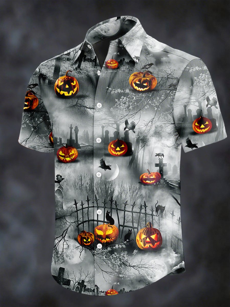 Camisa retro Horror Skull estampado solapa de manga corta para hombre