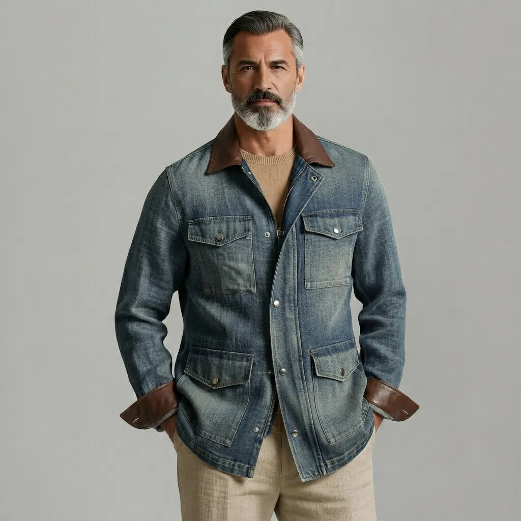 para hombre vintage Multi-Pocket PU Leather Patchwork Turndown Collar con cierre Denim chaqueta