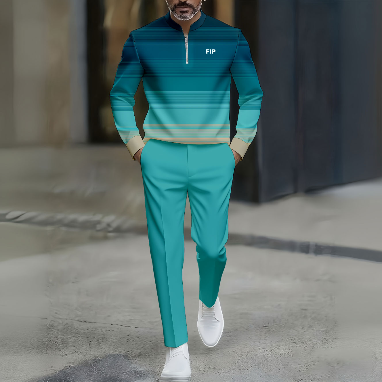 Conjunto de dos piezas casual Blue & Green Gradient Color Matching a rayas estampado Round-Neck Zipper de manga larga Trousers para hombre