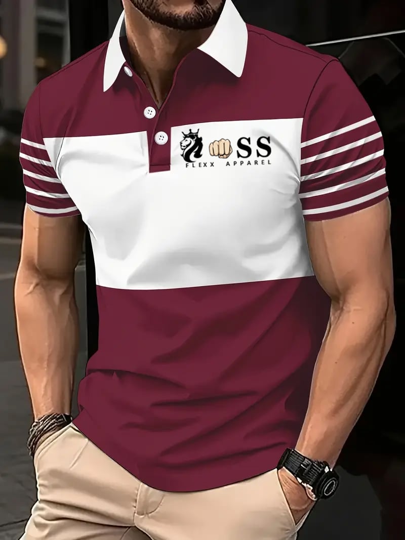 Camisa polo retro Letter Design estampado casual para hombre