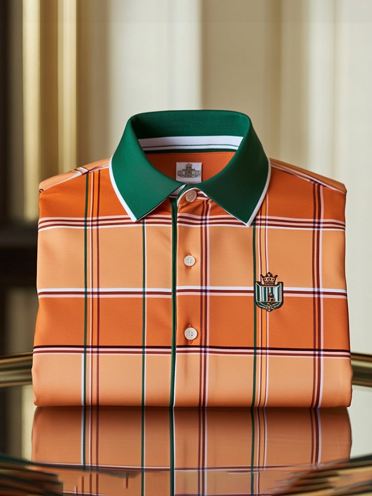 Camisa polo clásico ejecutivo Check Button de manga corta para hombre
