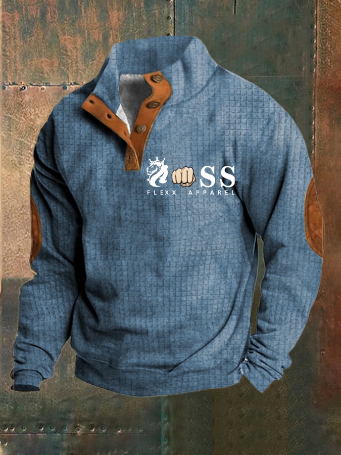 Sudadera vintage Lettering estampado Stand cuello Check Button para hombre