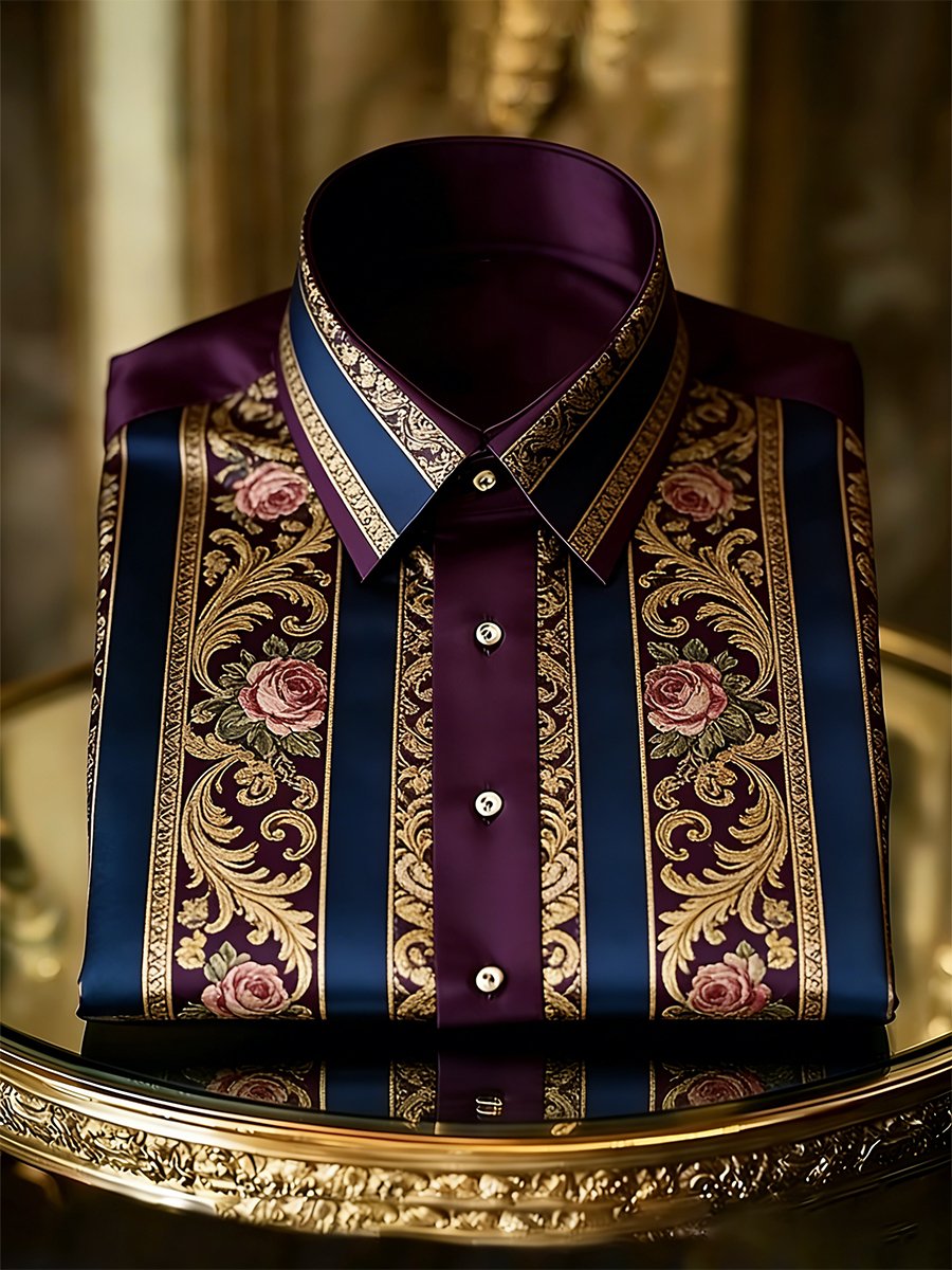 Camisa retro ejecutivo casual Baroque Rose a rayas de manga larga para hombre