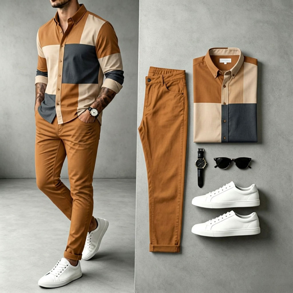 Camisa Two-Tone de manga larga and pantalón Set para hombre