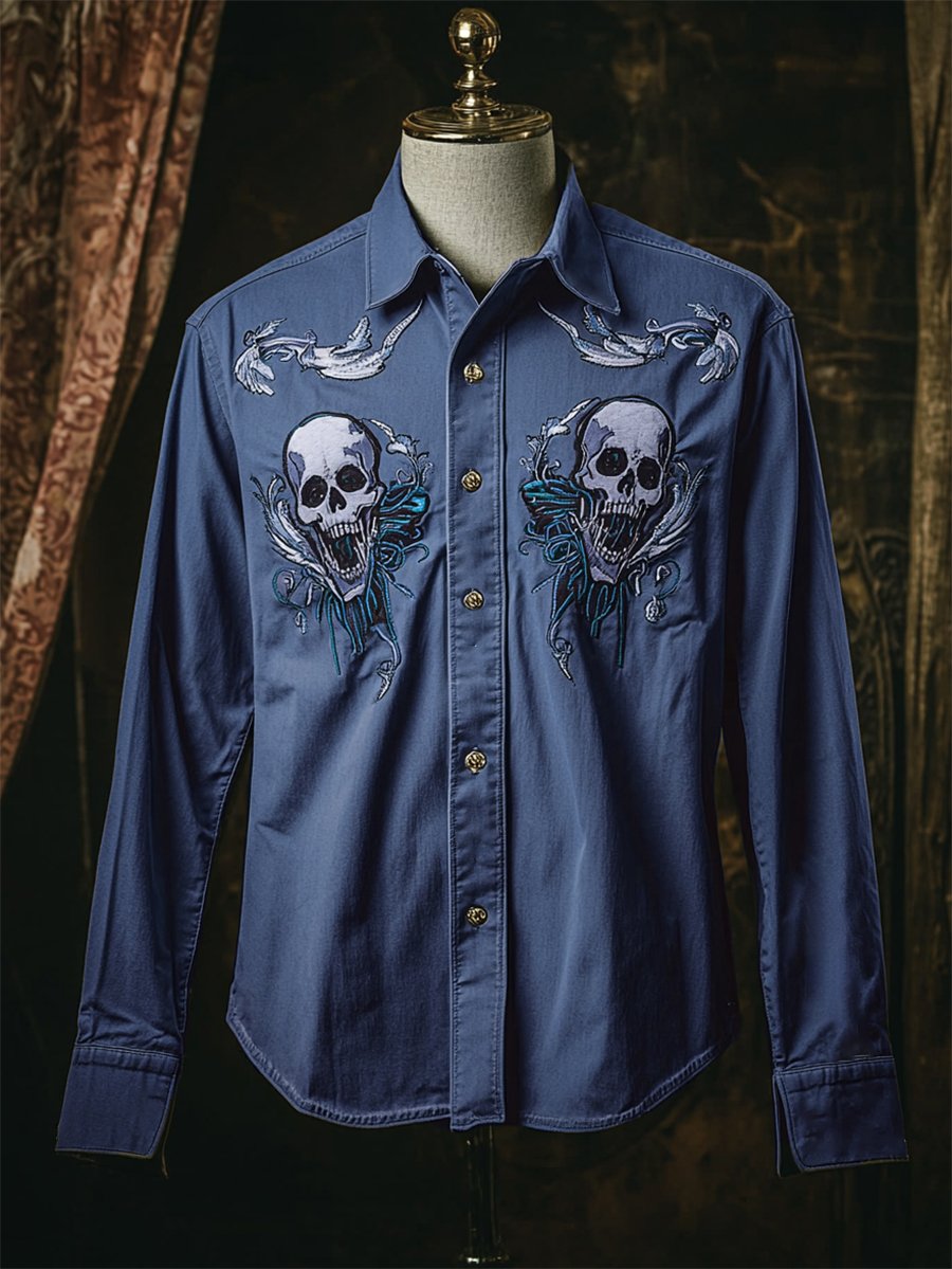 Camisa retro casual Skull estampado de manga larga para hombre