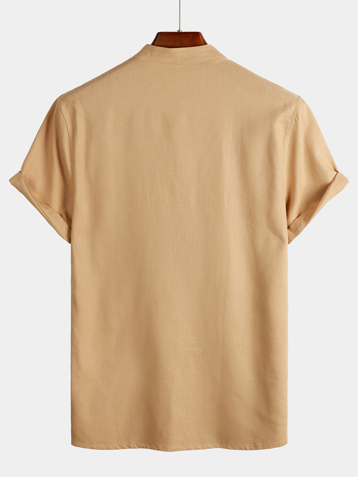 De color sólido Stand Collar Half Button Pocket Froncamiseta para hombre
