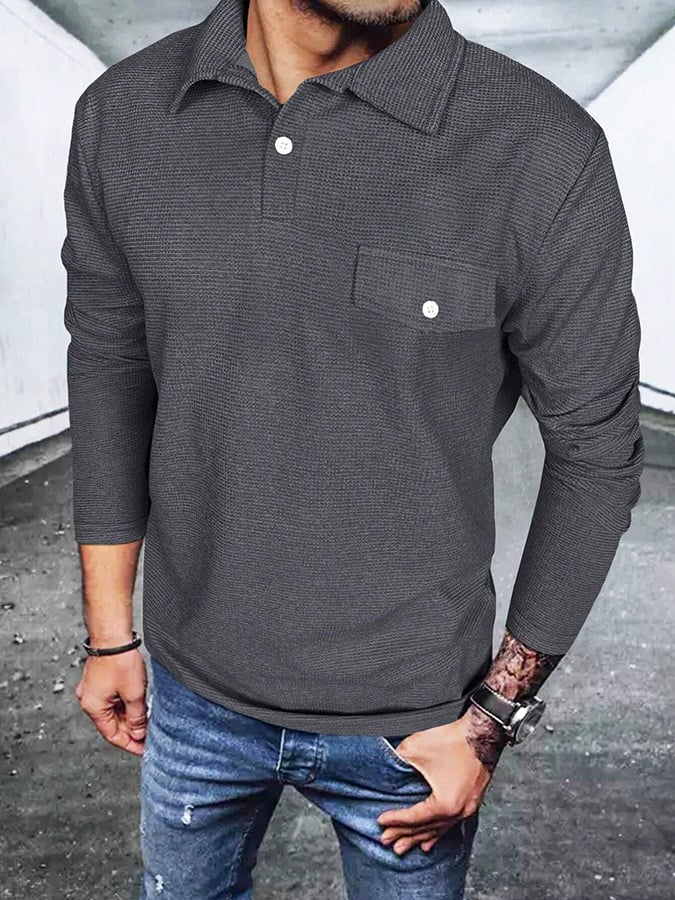Camisa polo Waffle casual de color sólido Half Button para hombre