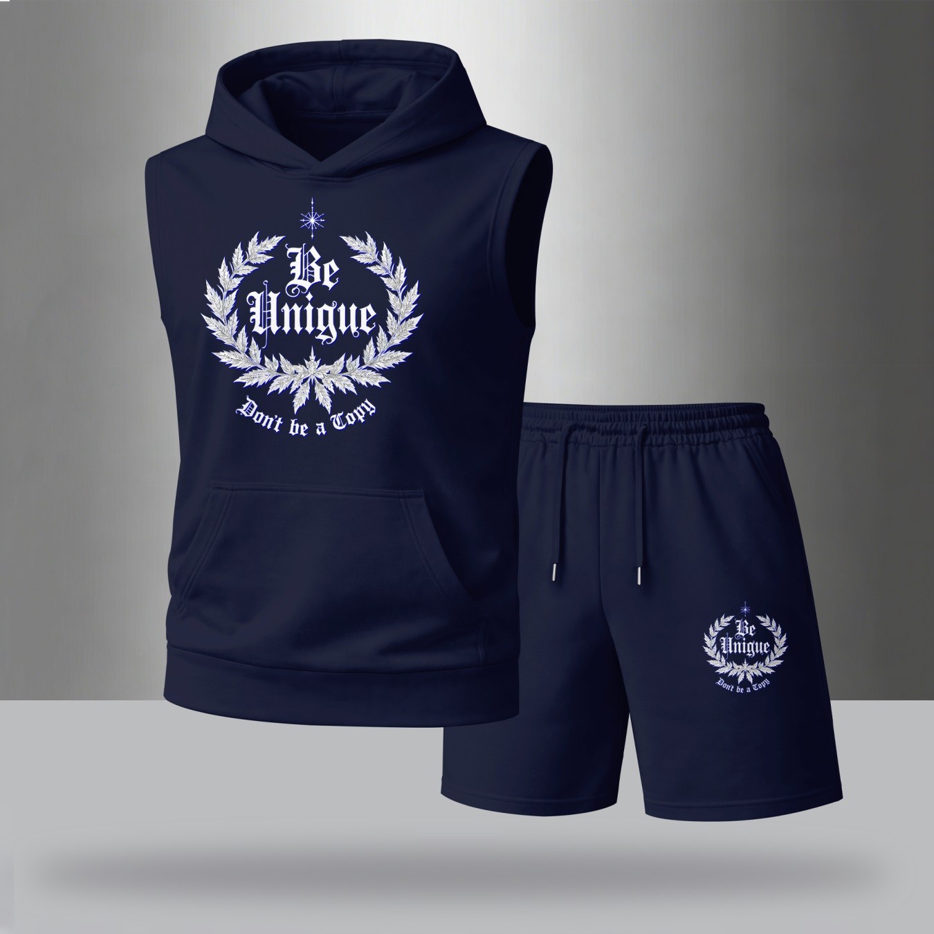 Sudadera con capucha Urban Style Sleeveless Set – “Be Unique” estampado, Don’t Be a Copy Graphic, Summer Streetwear Tracksuit, TikTok US Hot Trend, para uso diario & Gym Ready para hombre