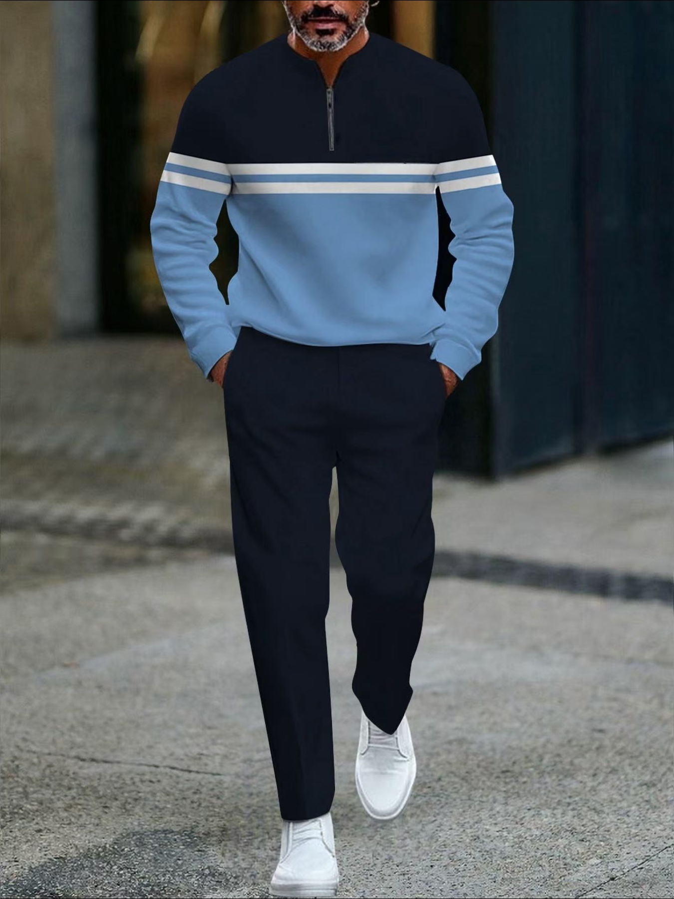 Conjunto de dos piezas casual Blue & Navy Blue Color Matching estampado Round-Neck Zipper de manga larga sudadera & Trousers para hombre