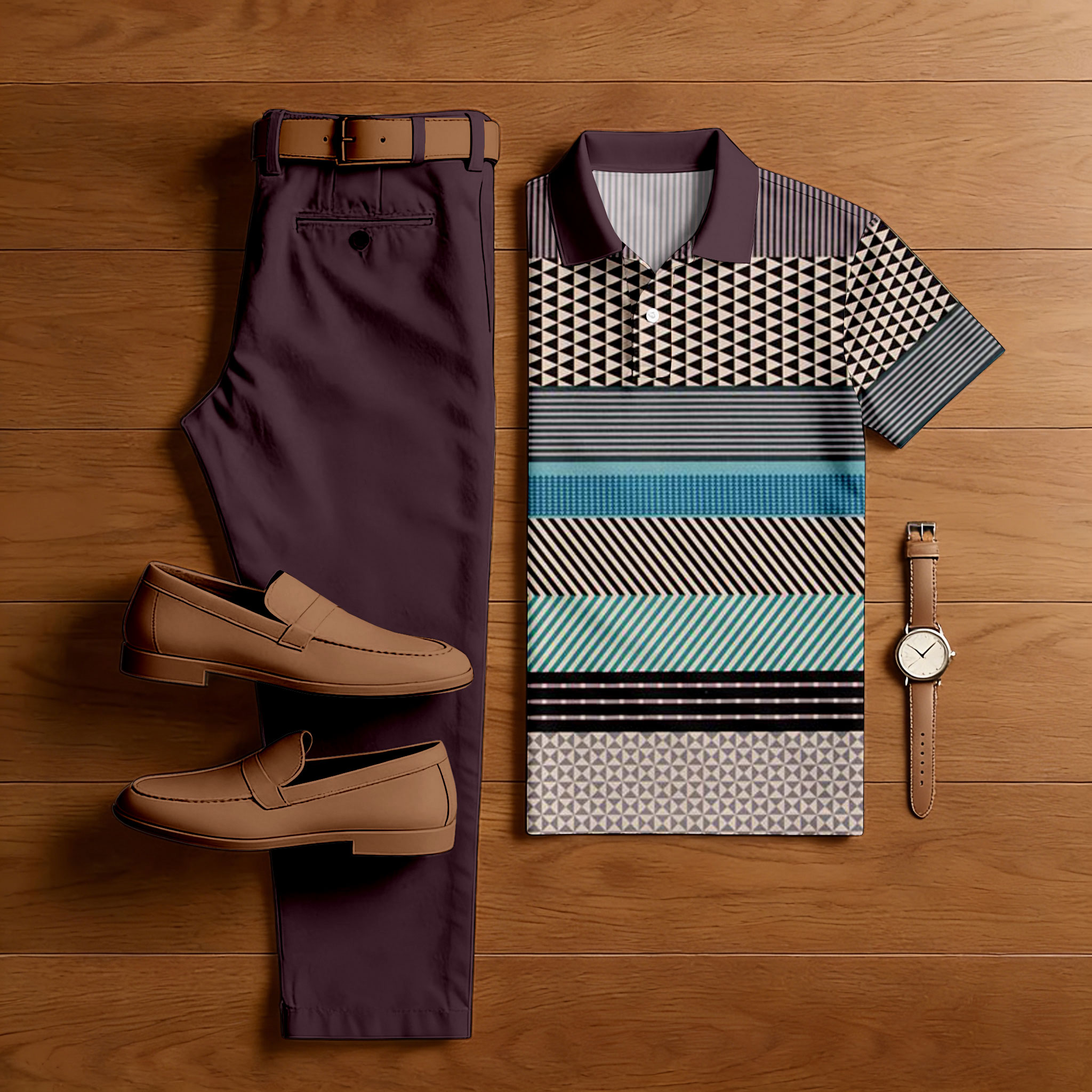 Conjunto de dos piezas casual Red Purple & Multi Color Matching a rayas estampado de manga corta camisa polo & Trousers para hombre
