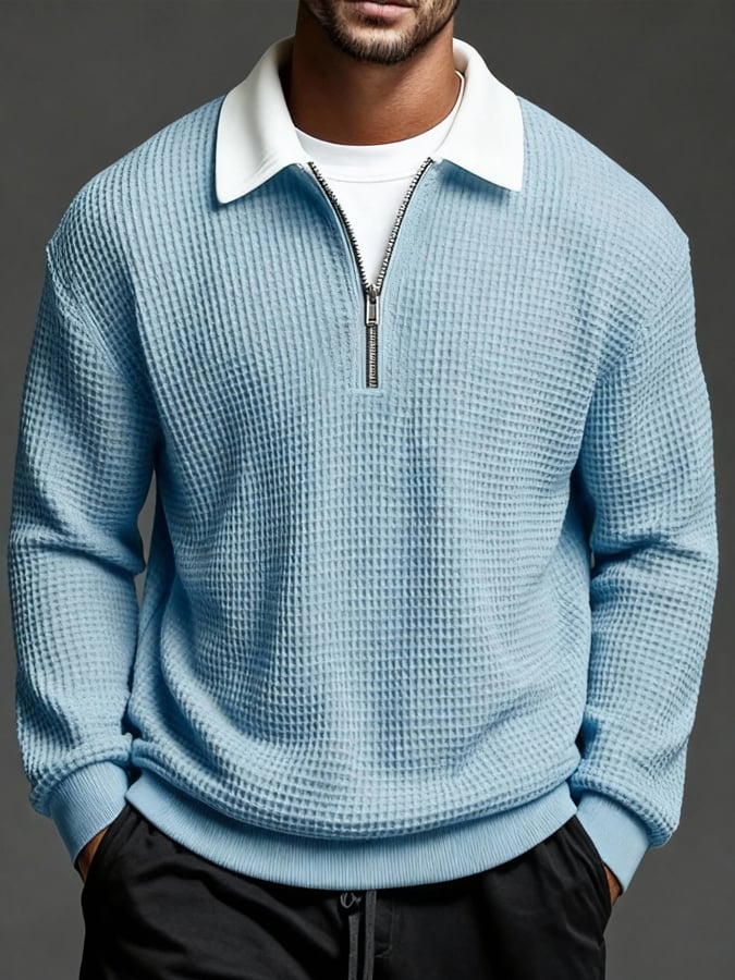 para hombre vintage Waffle-tejido casual para exterior de manga largad camisa polo
