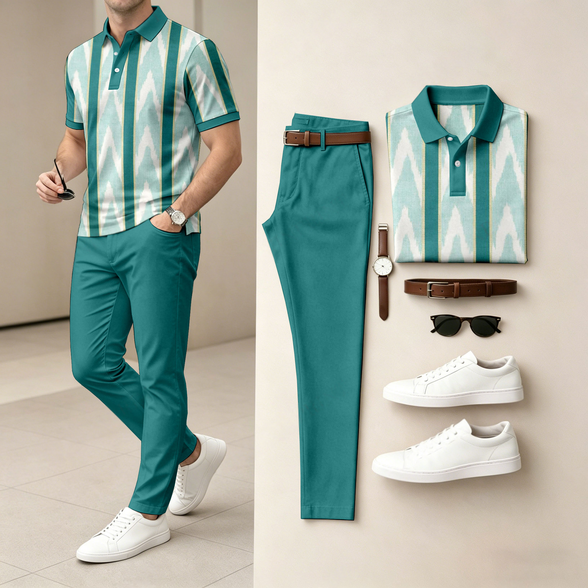 Camisa polo casual a rayas Gradient-estampado de manga corta And pantalón Set (Excludes Accessories Such As Watches And Belts) para hombre