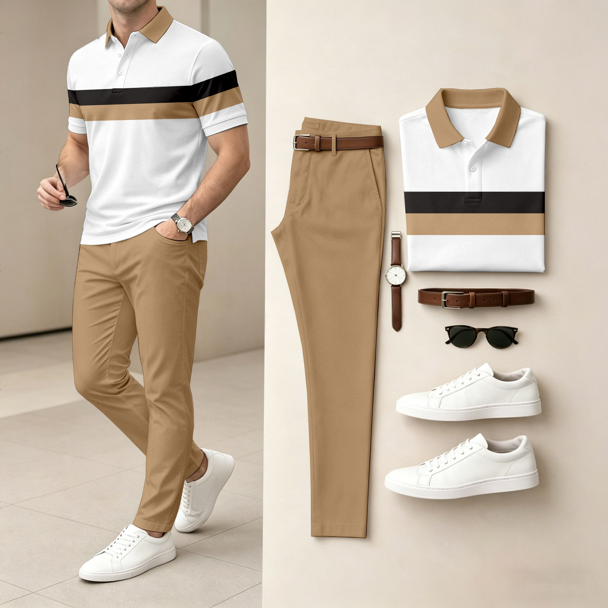 Conjunto de dos piezas casual estampado camisa polo And pantalón para hombre