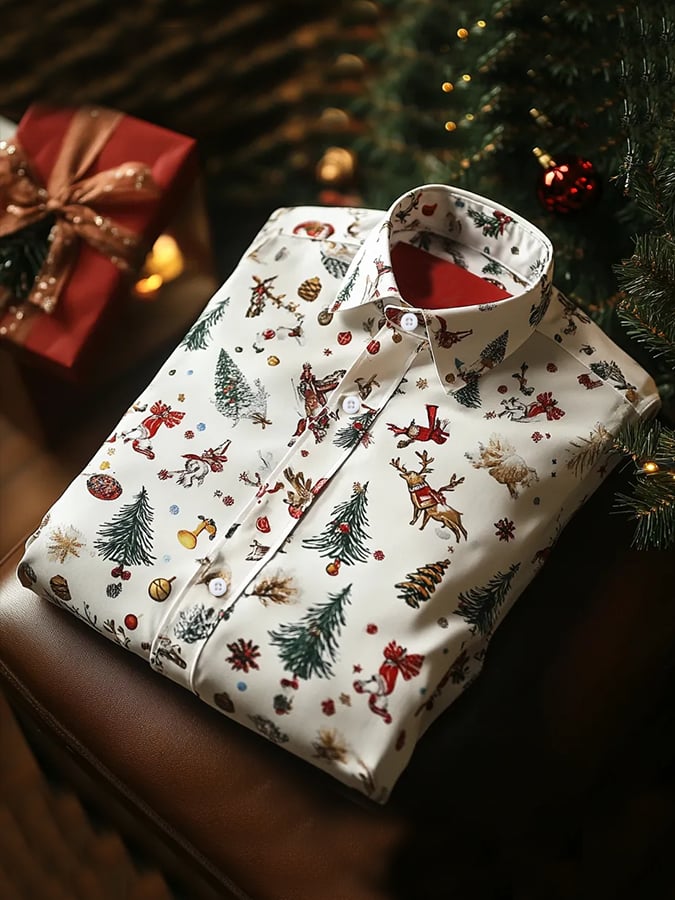 Camisa de lujo Christmas Contrast Color estampado de manga larga para hombre