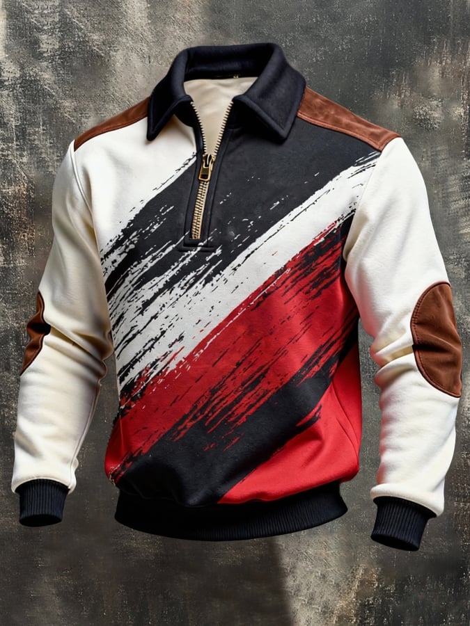 Sudadera retro en bloques de color estampado Color-Blocked con cierre para hombre