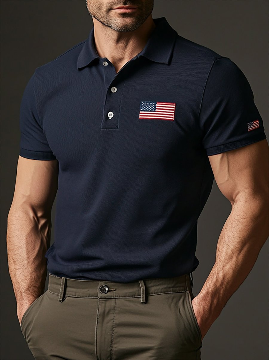 Camisa polo ejecutivo casual a rayas Independence Day Button de manga corta para hombre