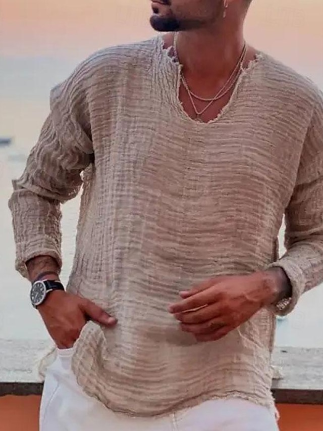 Camisa de lino Summer camisa Beach Wear casual camisa Plain Vacation Curise White Blue Brown Khaki de manga larga V Neck Spring & Summer Clothing Apparel para hombre