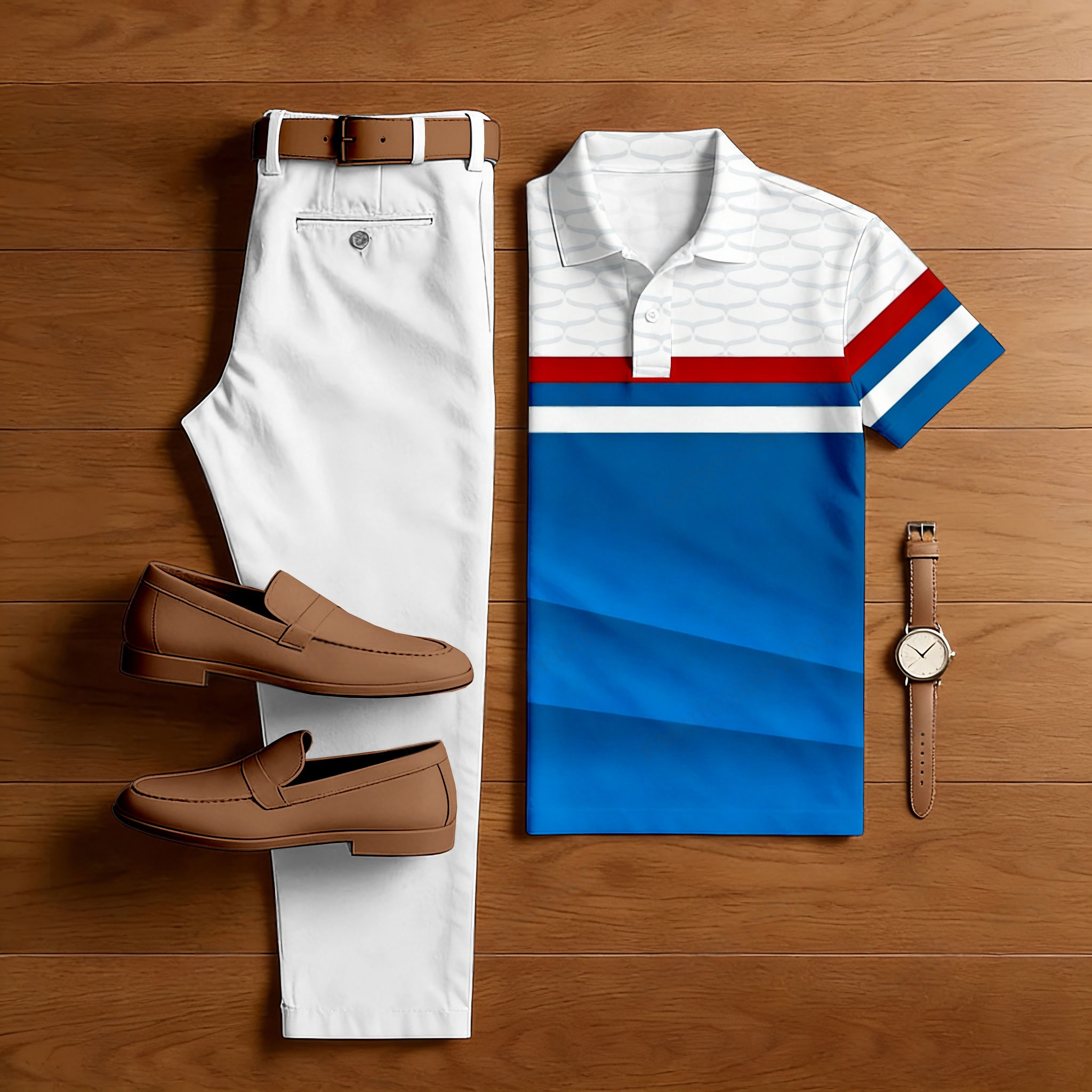 Conjunto de dos piezas casual Royal Blue & White Geometric estampado camisa polo And Trousers para hombre