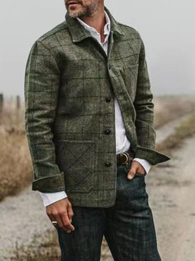 Chaqueta retro a cuadros para exterior bolsillo solapa de manga larga para hombre