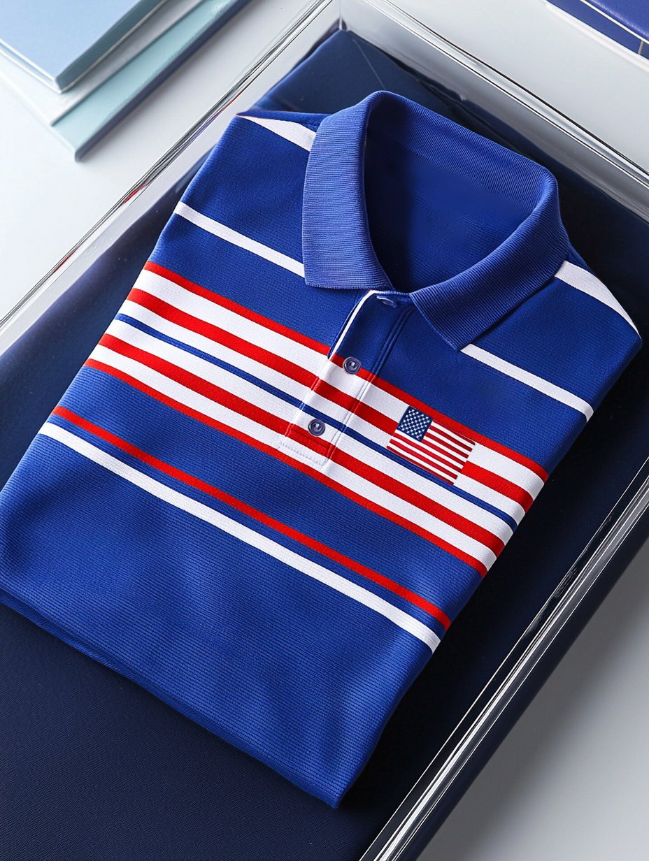 Camisa polo ejecutivo casual Independence Day a rayas Button de manga corta para hombre