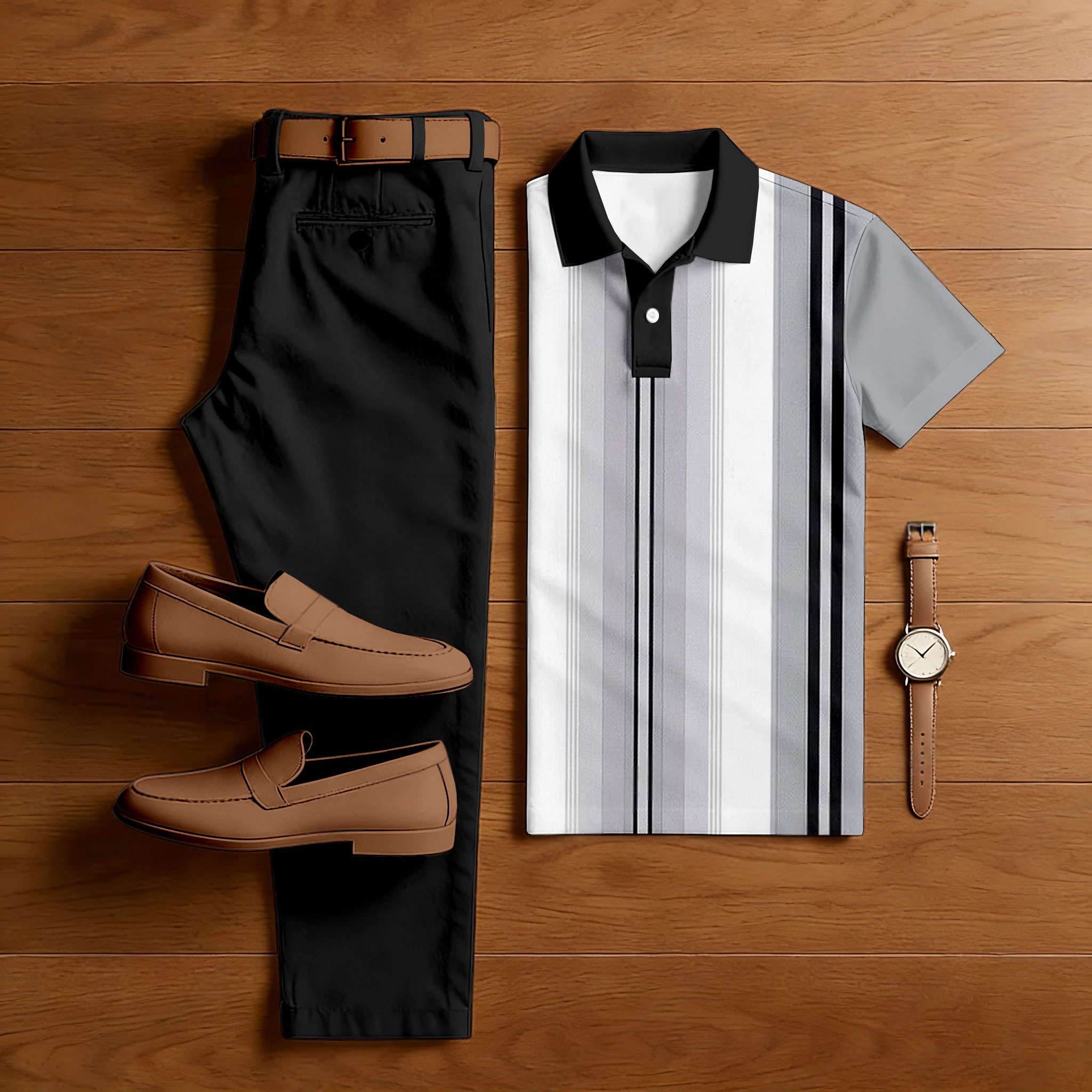Conjunto de dos piezas casual Black Gray White Color Matching a rayas estampado de manga corta camisa polo & Trousers para hombre