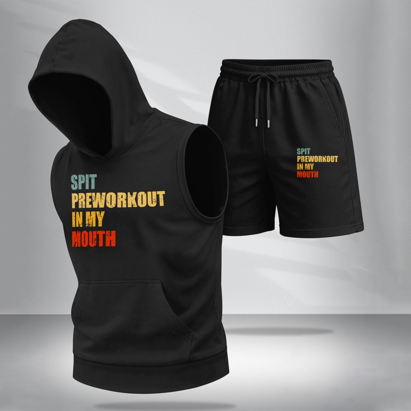Sudadera con capucha Sleeveless & shorts Set – “Spit Prepara trabajoout in My Mouth” Graphic, Summer Two-Piece Activewear, casual Streetwear, Regular Fit Gym & Sport de moda, Lightweight Outfit para hombre