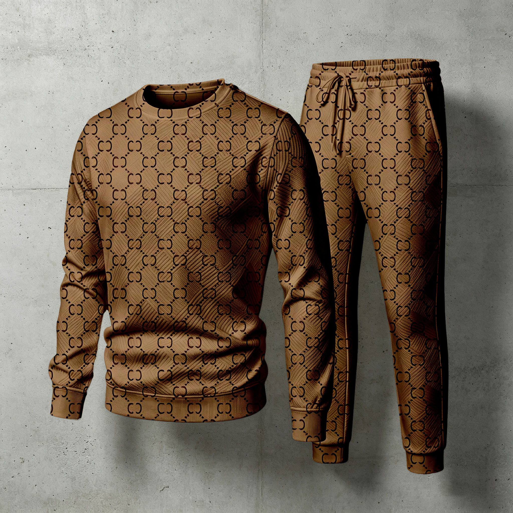 para hombre Brown Crew-Neck de manga larga camisa and pantalón Set