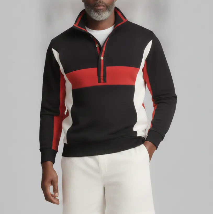 Sudadera de moda Colorblock Stand Collar Half Placket Pullover para hombre