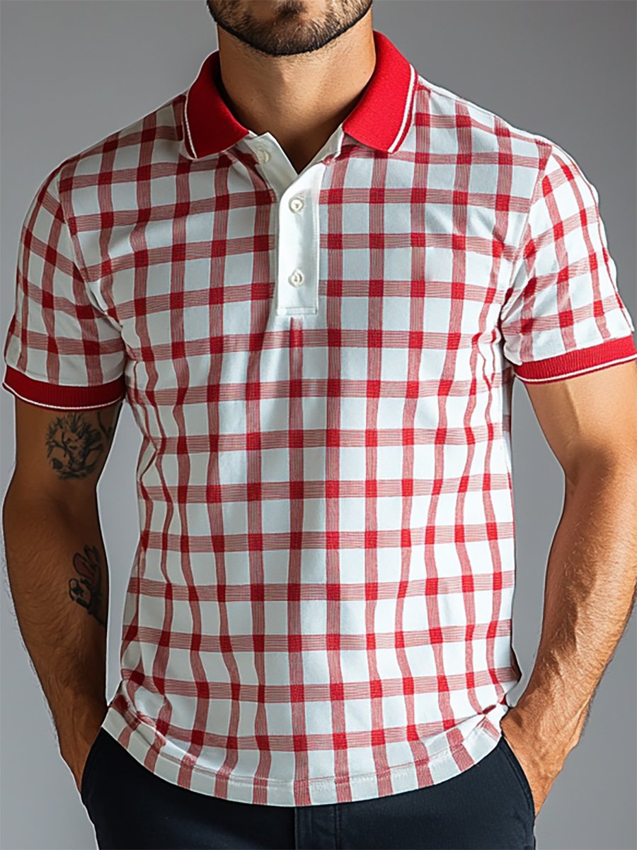 Camisa polo ejecutivo casual a cuadros con botones de manga corta para hombre