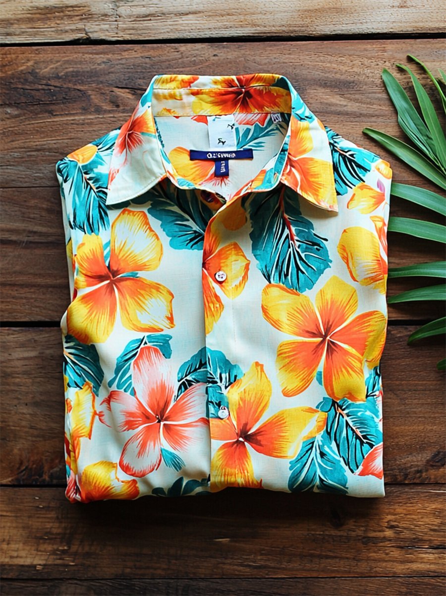 Camisa satén Luxe hawaiano estampado de manga corta Button para hombre